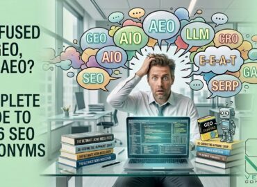Vettore Consulting blog header banner: a confused white-collar executive at a laptop with a chaotic cloud of 2026 SEO acronyms (GEO, AIO, AEO, LLM, CRO) swirling around his head, illustrating the complexity of generative search.