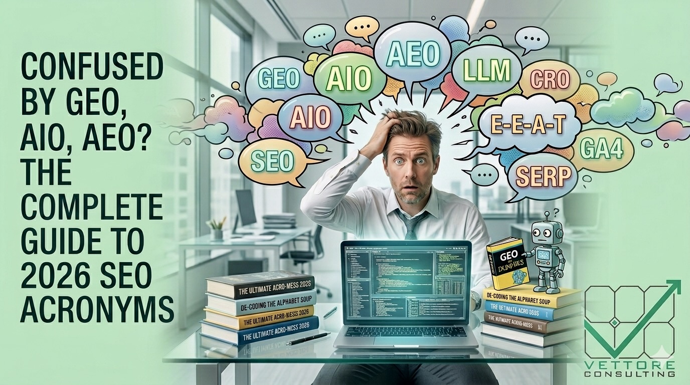 Vettore Consulting blog header banner: a confused white-collar executive at a laptop with a chaotic cloud of 2026 SEO acronyms (GEO, AIO, AEO, LLM, CRO) swirling around his head, illustrating the complexity of generative search.