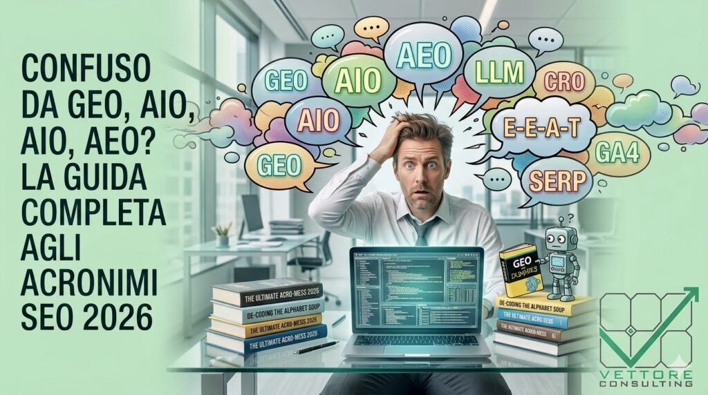 Banner copertina blog Vettore Consulting: un executive confuso davanti a un laptop con una nuvola caotica di acronimi SEO 2026 (GEO, AIO, AEO, LLM, CRO) che gli girano per la testa, rappresentando la complessità della ricerca generativa.