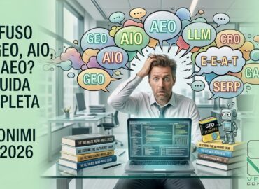 Banner copertina blog Vettore Consulting: un executive confuso davanti a un laptop con una nuvola caotica di acronimi SEO 2026 (GEO, AIO, AEO, LLM, CRO) che gli girano per la testa, rappresentando la complessità della ricerca generativa.