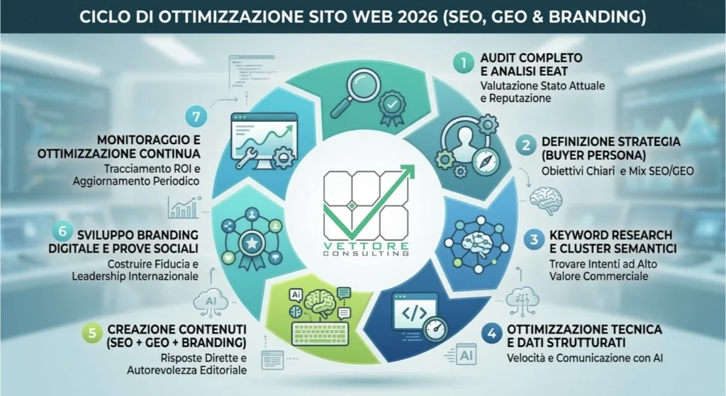 Infografica dei 7 passi per l'ottimizzazione sito web: dall'audit EEAT al monitoraggio conversioni.