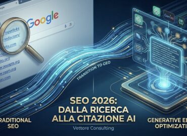 Infografica che mostra l'evoluzione dal SEO tradizionale alla Generative Engine Optimization (GEO), con il passaggio dai risultati di ricerca Google alle citazioni AI di ChatGPT e Gemini per Vettore Consulting.