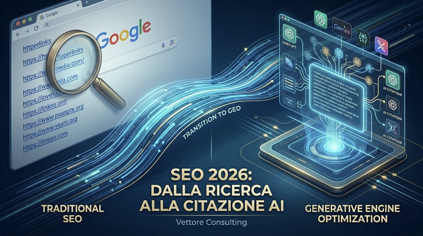 Infografica che mostra l'evoluzione dal SEO tradizionale alla Generative Engine Optimization (GEO), con il passaggio dai risultati di ricerca Google alle citazioni AI di ChatGPT e Gemini per Vettore Consulting.