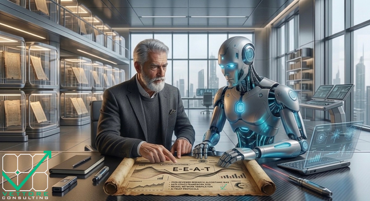 A senior professional and a humanoid robot examining an ancient scroll featuring modern data charts and "E-E-A-T" text, symbolizing how to build an authoritative online presence by merging human expertise with generative AI.