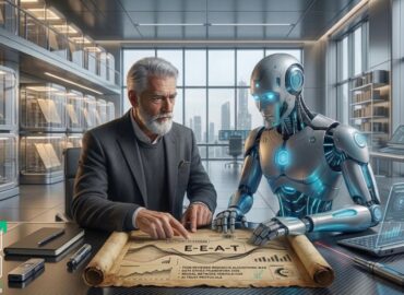 Un esperto senior e un robot umanoide analizzano insieme una pergamena antica con grafici moderni e la scritta E-E-A-T, rappresentando la costruzione di una presenza autorevole online nel 2026 tramite l'unione di competenza umana e AI.