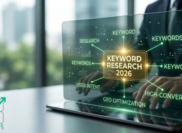 Executive professional analyzing a modern digital holographic map for GEO 2026 keyword research, highlighting high-converting keywords and user intent.