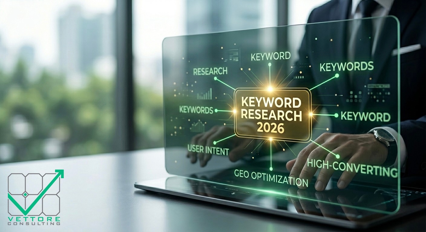 Executive professional analyzing a modern digital holographic map for GEO 2026 keyword research, highlighting high-converting keywords and user intent.