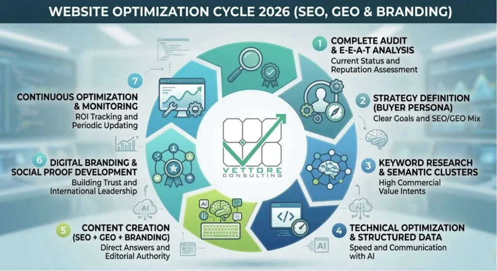 7-step infographic for website optimization: from EEAT audit to conversion monitoring.