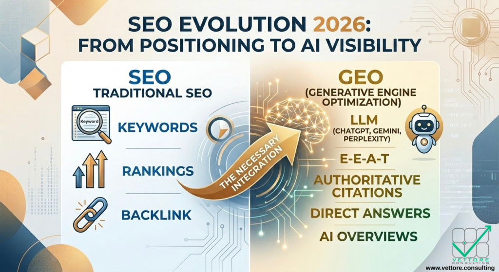Infographic by Vettore Consulting about SEO evolution 2026 showing the transition from traditional SEO to AI visibility and Generative Engine Optimization.