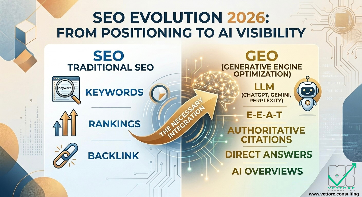 Infographic by Vettore Consulting about SEO evolution 2026 showing the transition from traditional SEO to AI visibility and Generative Engine Optimization.