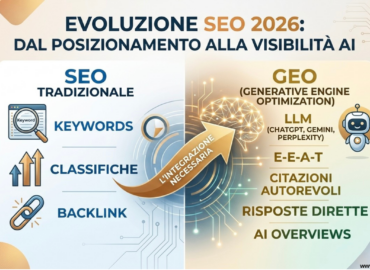 Infografica sull'evoluzione SEO 2026 di Vettore Consulting che mostra il passaggio dal SEO tradizionale alla visibilità nei motori di risposta AI e GEO.