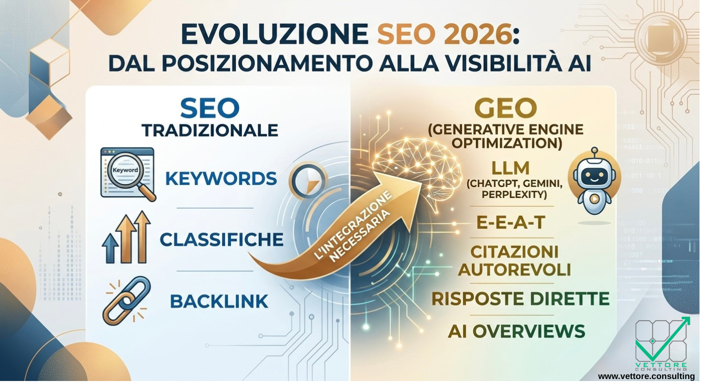 Infografica sull'evoluzione SEO 2026 di Vettore Consulting che mostra il passaggio dal SEO tradizionale alla visibilità nei motori di risposta AI e GEO.