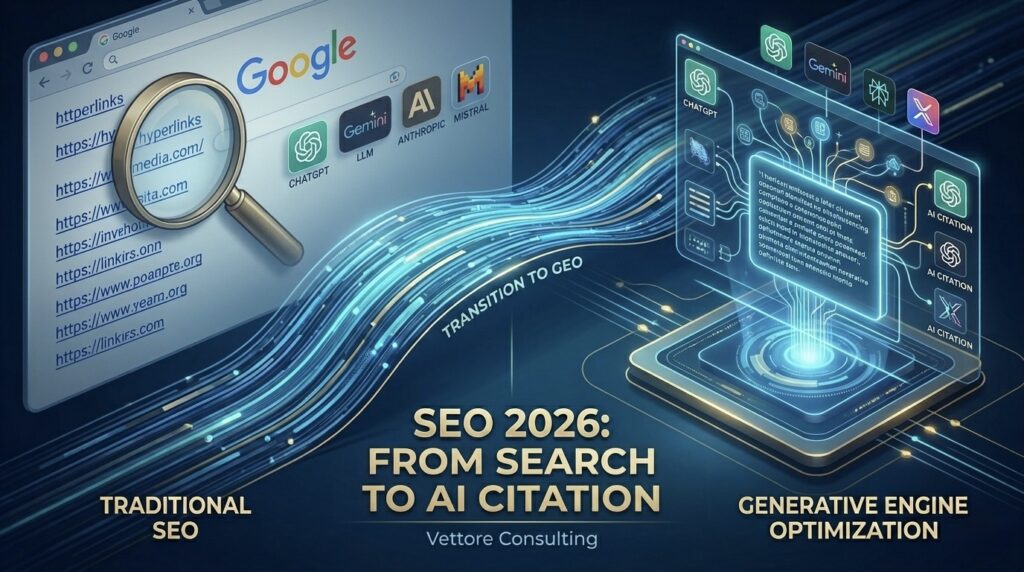Infographic illustrating the transition from traditional SEO to Generative Engine Optimization (GEO), showing how Google search results evolve into AI citations by ChatGPT and Gemini for Vettore Consulting.