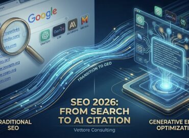 Infographic illustrating the transition from traditional SEO to Generative Engine Optimization (GEO), showing how Google search results evolve into AI citations by ChatGPT and Gemini for Vettore Consulting.