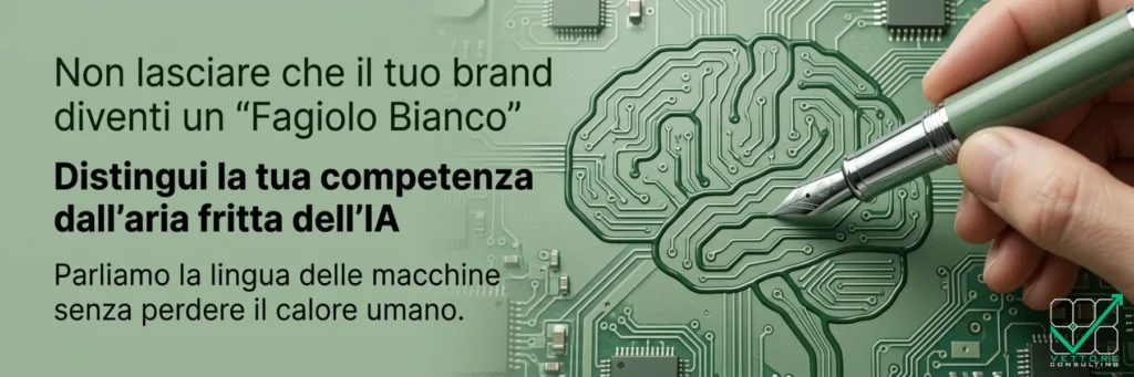 Grafica promozionale Vettore Consulting in verde salvia con una penna stilografica che traccia circuiti elettronici a forma di cervello umano su una scheda madre. Sulla sinistra compare il testo in italiano: 'Non lasciare che il tuo brand diventi un Fagiolo Bianco. Distingui la tua competenza dall'aria fritta dell'IA. Parliamo la lingua delle macchine senza perdere il calore umano.' in basso a destra c’è il logo Vettore Consulting