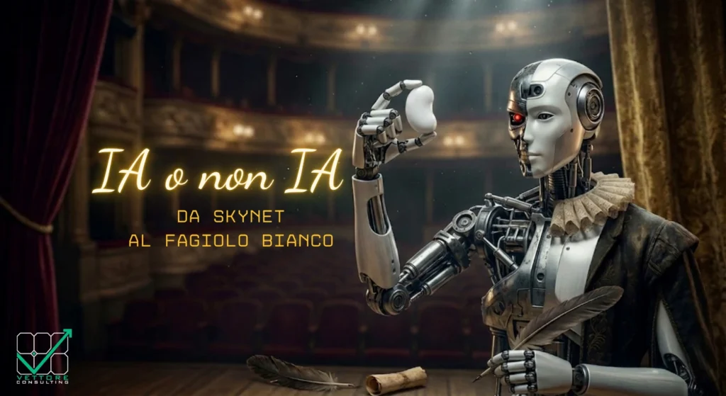 Robot ibrido in posa shakespeariana per l'articolo su Copywriting per LLM e Ottimizzazione GEO 2026: focus su Contenuti AI-Driven e Autorità del brand.