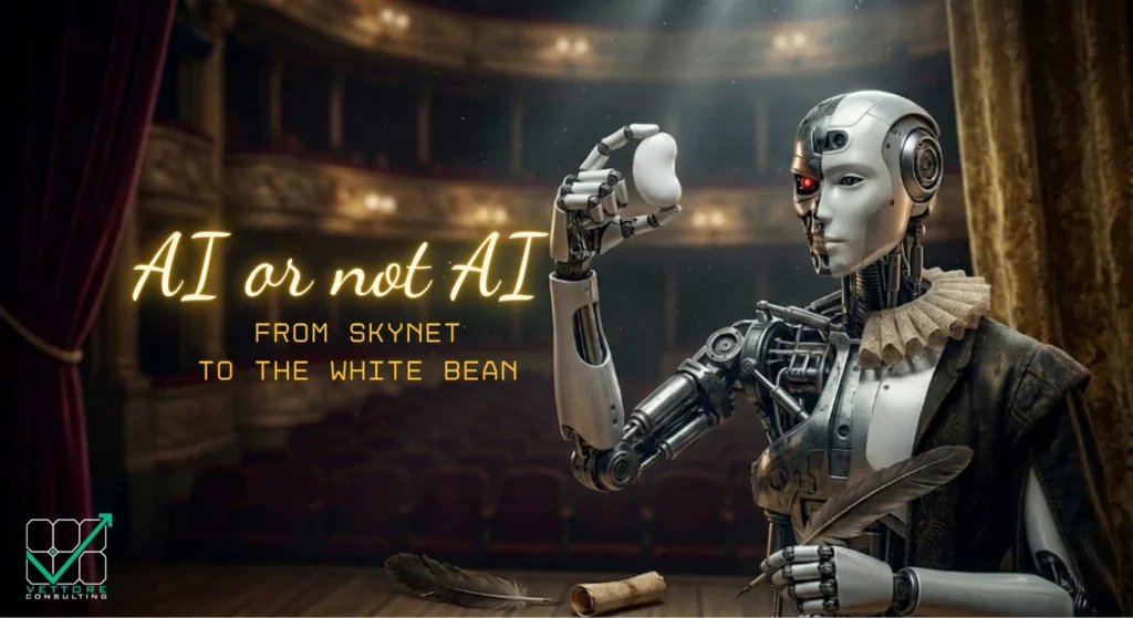 Hybrid robot in a Shakespearean pose holding a white bean for the article on LLM-ready Copywriting and 2026 GEO Optimization: focus on AI-Driven Content and Authority.