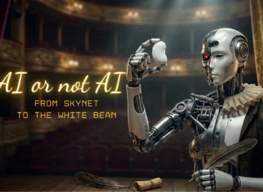 Hybrid robot in a Shakespearean pose holding a white bean for the article on LLM-ready Copywriting and 2026 GEO Optimization: focus on AI-Driven Content and Authority.