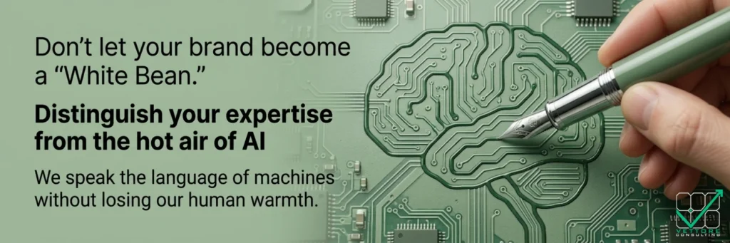 Sage green B2B marketing banner for Vettore Consulting featuring a fountain pen drawing electronic circuit lines that shape a stylized human brain on a motherboard. On the left, the English text reads: 'Don't let your brand become a White Bean. Distinguish your expertise from the hot air of AI. We speak the language of machines without losing our human warmth.' On the bottom right there is Vettore Consulting logo.