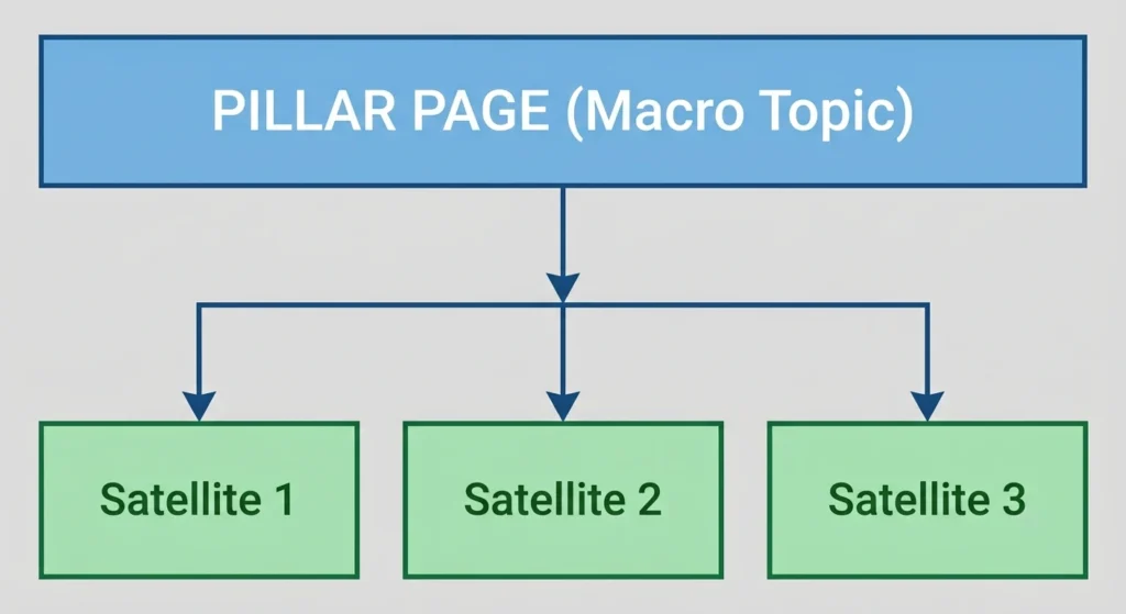 Infographic displaying a website content architecture with a main Pillar Page (Macro Topic) branching into Satellite articles 1, 2, and 3, developed through professional SEO consulting.