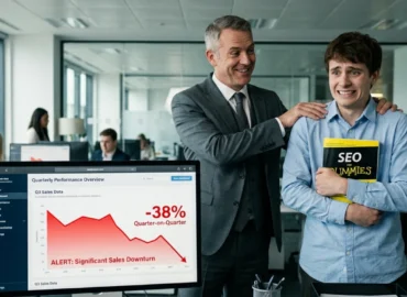 Satirical office scene of an overconfident corporate manager encouraging a nervous intern holding an SEO for Dummies book, next to a monitor showing a steep sales decline due to lack of expert SEO consulting.