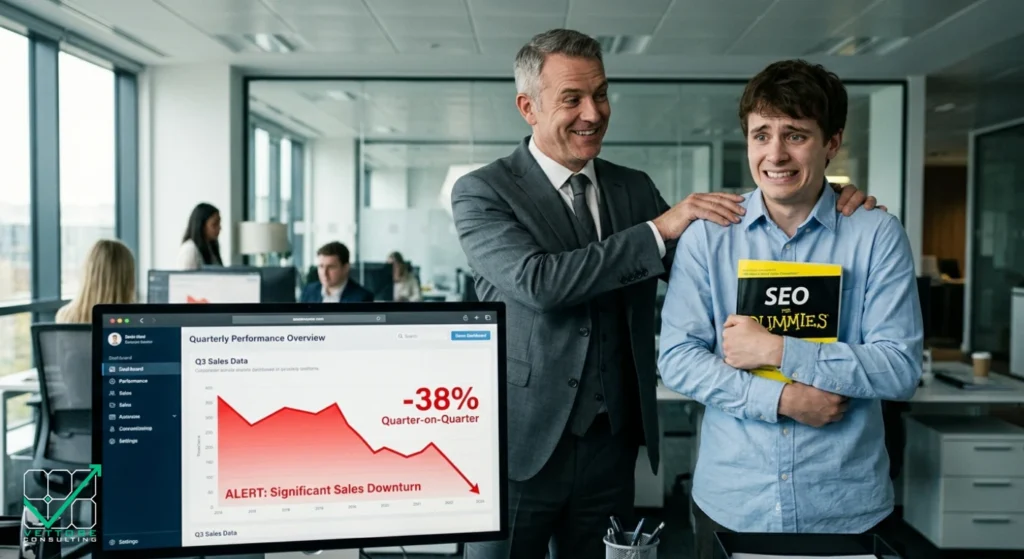 Scena satirica in ufficio che mostra un manager sorridente che affida la SEO a uno stagista spaventato con il libro SEO for Dummies, mentre uno schermo mostra un grafico delle vendite in forte calo per mancanza di una consulenza SEO professionale.