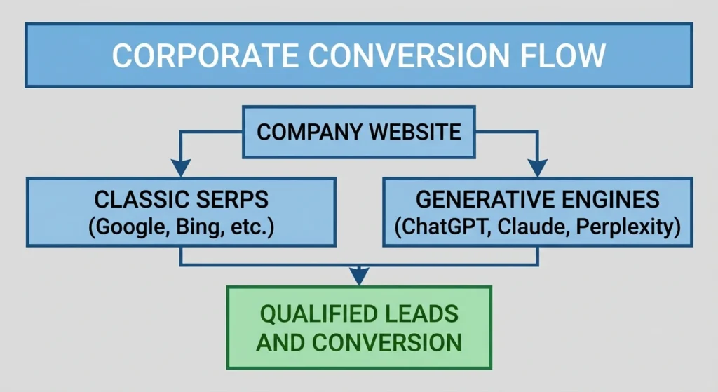 A diagram showing the corporate conversion flow from a company website through two channels: Classic SERPs (like Google and Bing) and Generative Engines (like ChatGPT and Perplexity), both leading to qualified leads and conversion, illustrating the value of professional SEO consulting.