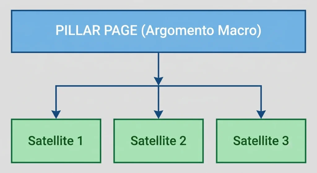 Diagramma della struttura di un blog aziendale con Pillar Page per l'argomento macro collegata agli articoli Satelliti 1, 2 e 3, progettato durante una consulenza seo per l'organizzazione dei contenuti.